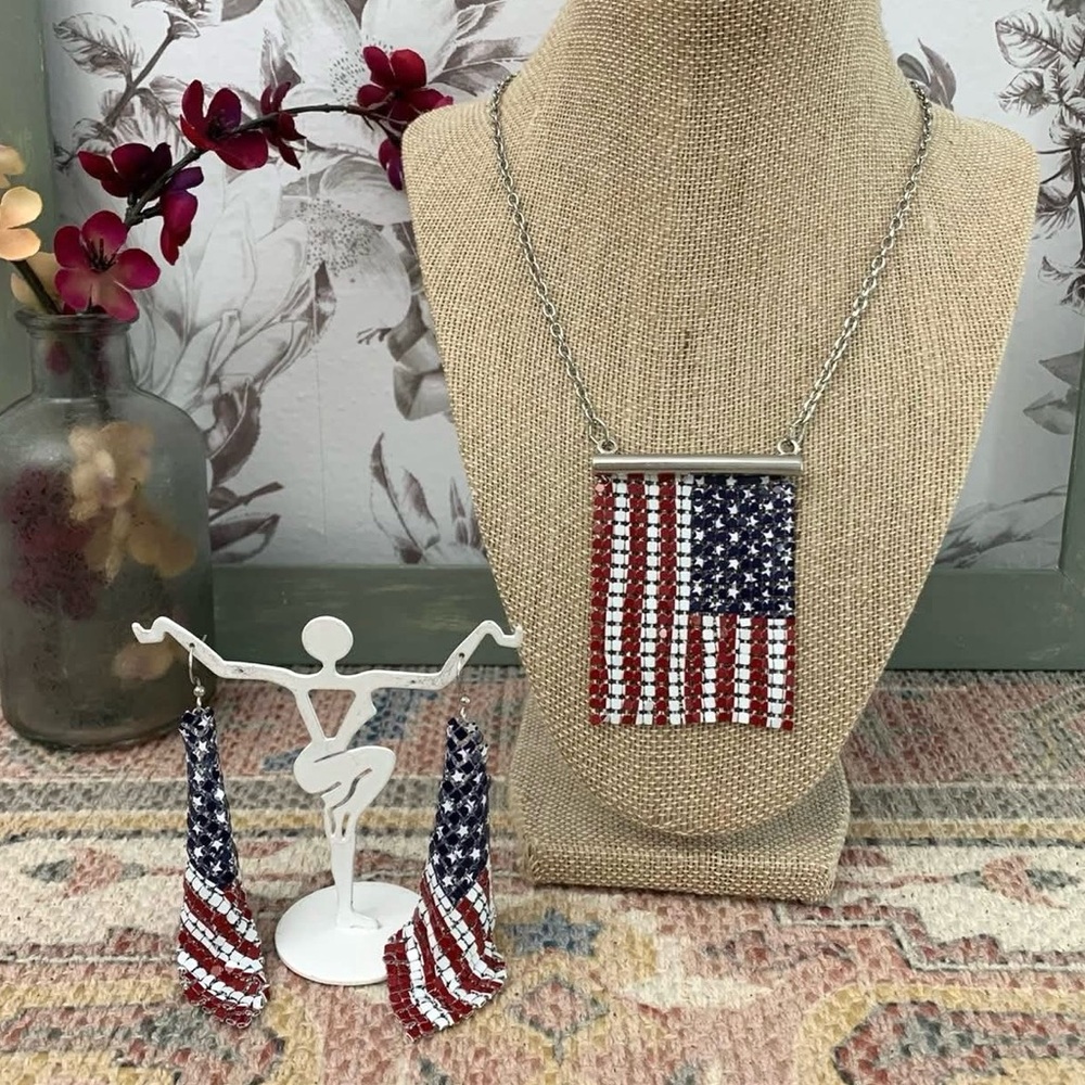 American Flag Patriotic Red White Blue USA Silver Mesh Necklace Earrings Set New
